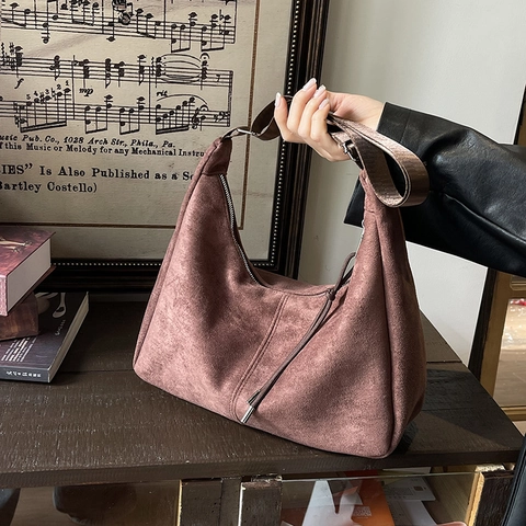 Bolso Hobo de Gamuza para Mujer Minimalista Gran Capacidad Bandolera Con Correa Ancha para el Hombro Bolso de Hombro Vintage Diario