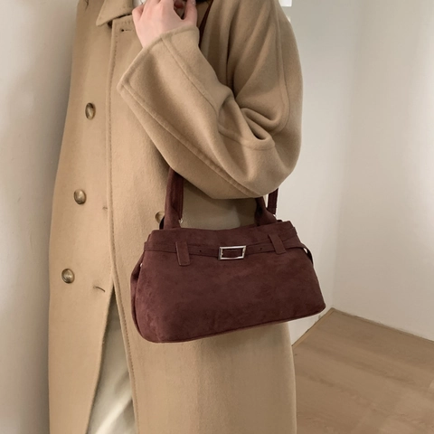 Borsa a Mano Vintage Minimalista in PU Scamosciato Opaco da Donna Con Fibbia Quadrata in Metallo Borsa a Tracolla Daily
