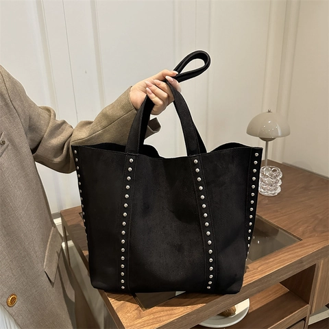 Women Suede Fabric Rivet Studded Tote Bag Large Capacity Minimalist Shoulder Underarm Bag Solid Color Commute Handbag