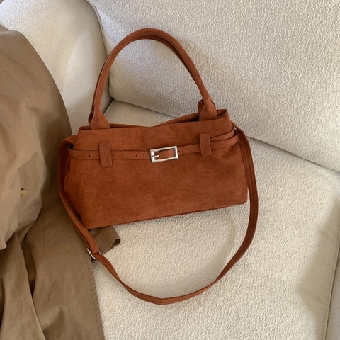 Borsa a Mano Vintage Minimalista in PU Scamosciato Opaco da Donna Con Fibbia Quadrata in Metallo Borsa a Tracolla Daily