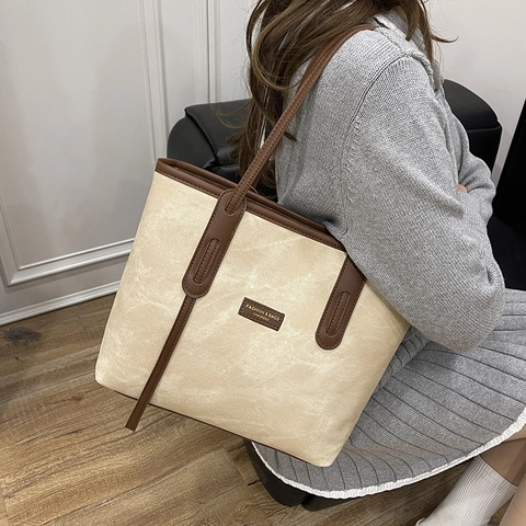 Borsa Tote da Donna alla Moda Grande Capacità Minimalista in Pelle PU a Contrasto Borsa a Tracolla Casual per Ufficio
