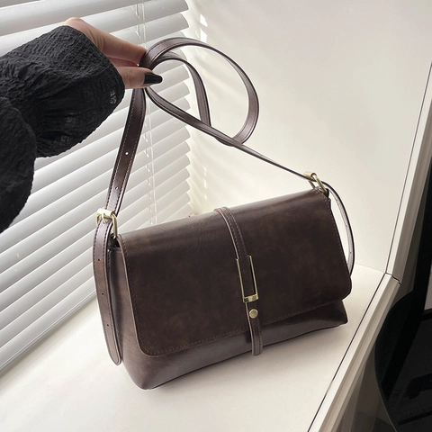 Vintage PU Leren Crossbodytas Voor Dames Retro Schoudertas Met Klep En Verstelbare Riem Modieuze Handtas Elegante Portemonnee