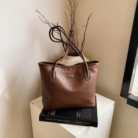 Women Casual PU Leather Tote Bag Large Capacity Litchi Grain Shoulder Bag Minimalist Solid Color Commuter Handbag
