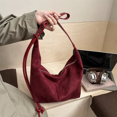 Bolso Hobo de Mujer Gamuza Sintética Vintage Espacioso Bolso de Hombro Cruzado Minimalista Color Sólido Con Nudos