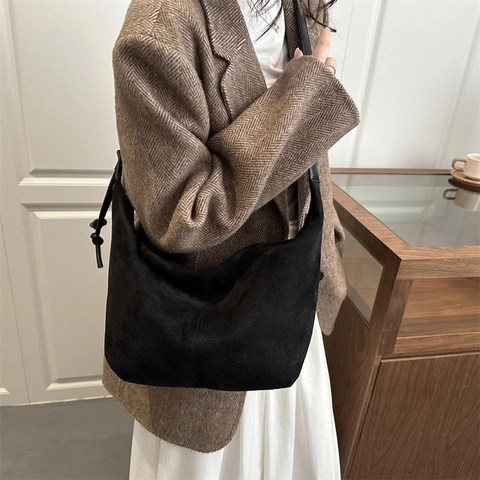Bolso Hobo de Mujer Gamuza Sintética Vintage Espacioso Bolso de Hombro Cruzado Minimalista Color Sólido Con Nudos