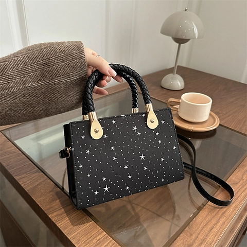 Borsa Tracolla In Pelle PU Con Motivo A Stelle Moda Manico Intrecciato Borsa A Spalla Piccola Borsa Quadrata Donna