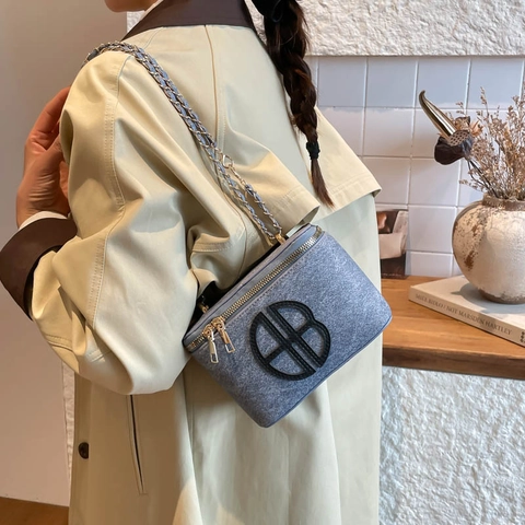 Bolso Bandolera Caja Vintage Tela Textura Denim Doble Cremallera Correa Cadena Bolso De Hombro Cuadrado Mujer Moda