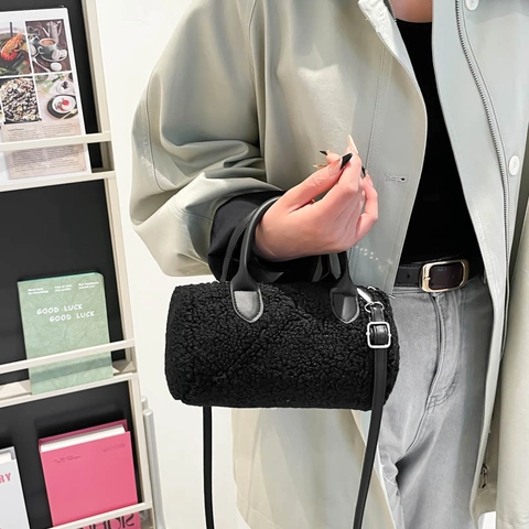 Women Winter Plush Cylinder Shoulder Bag Faux Lamb Wool Crossbody Handbag With PU Leather Handle Solid Color Satchel Purse