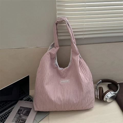 Pleated Corduroy Tote Bag Large Capacity Shoulder Handbag With Magnetic Buckle Minimalist Street Style Casual For Women