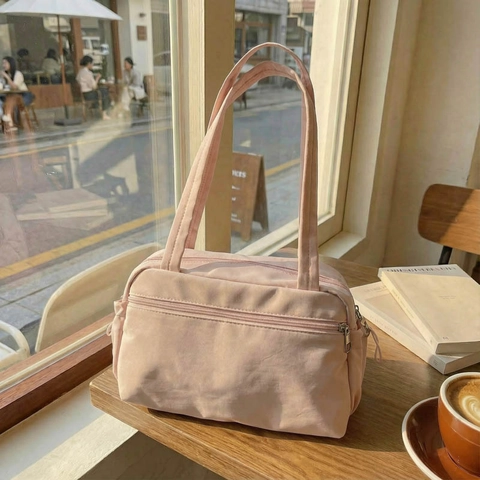 Mode Damen Nylon Schultertasche Minimalistisch Große Kapazität Reißverschluss Tote Handtasche Mit Vordertasche Lässige Tasche