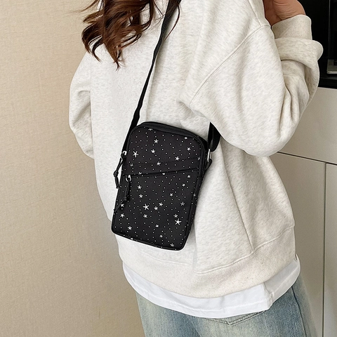 Damen Mini Stern Druck Handy Umhängetasche Nylon Stoff Kleine Schultertasche Mit Verstellbarem Gurt Lässige Reisetasche