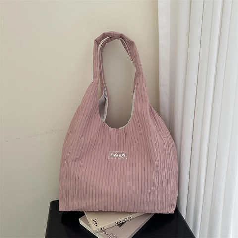 Women Corduroy Large Capacity Shoulder Tote Bag Solid Color Students Commuting Casual Handbag Trendy Fashion Label Bag