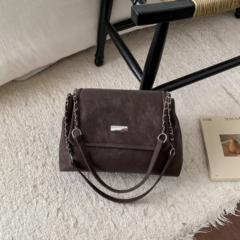Women Retro Suede Finish PU Leather Shoulder Bag Large Capacity Chain Strap Crossbody Tote Handbag With Plush Pendant