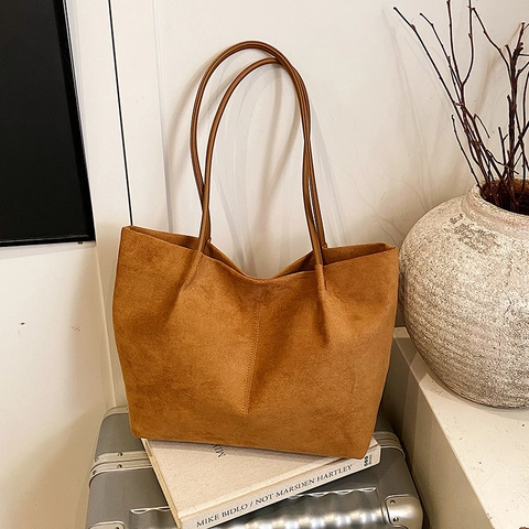 Women's Large Capacity Tote Bag Minimalist PU Faux Suede Shoulder Bag Solid Color Vintage Commuting Handbag Daily Use