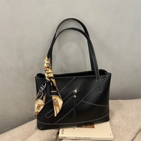 Sac Fourre-tout en Cuir PU pour Femmes Et Foulard en Satin Grande Capacité Surpiqûres Sac à Bandoulière Minimaliste Navette