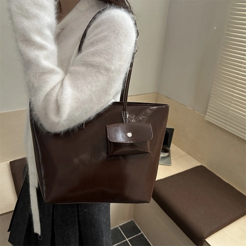 Women Large Capacity Glossy PU Leather Tote Bag And Mini Hanging Coin Purse Shiny Shoulder Handbag Work Daily Commute