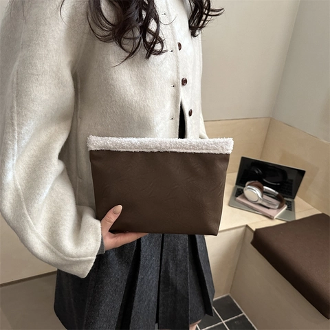 Pochette da Donna in Finto Montone e Pelle PU Trama Incrospata Splicing Minimalista Borsa da Trucco Moda Street Daily