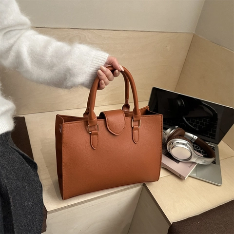 Litchi Texture PU Leather Handbag Large Capacity Top Handle Tote Shoulder Crossbody Bag For Women Fashion Commuting Simple