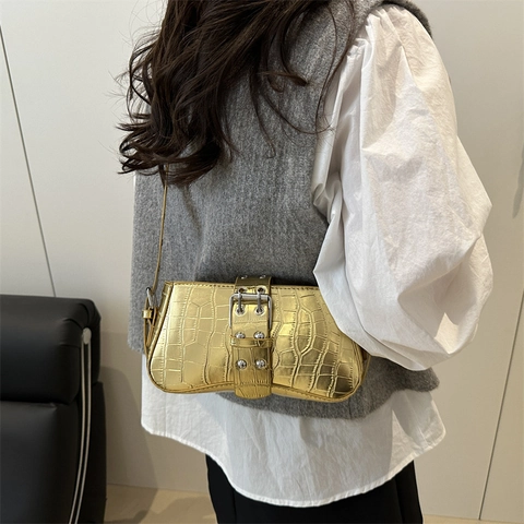 Women Shoulder Bag PU Leather Crocodile Pattern Metal Grommet Strap Decorative Buckle Underarm Bag Retro Y2K Style