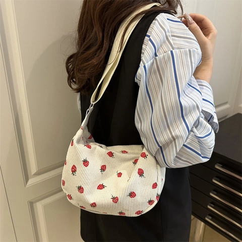 Borsa A Tracolla Donna Tessuto Velluto A Coste Mezzaluna Hobo Tracolla Regolabile Fantasia Zebra Fragola Casual Retro