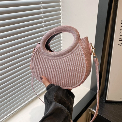 Fashion Shiny Sequin Half Moon Crossbody Bag For Women Trendy Integrated Circular Handle Handbag Elegant Small Evening Bag