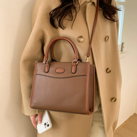 Borsa Tote in Pelle PU Minimalista Vintage Donna Retro Cuciture a Contrasto Borsa a Mano Con Tracolla Regolabile Pendolarismo