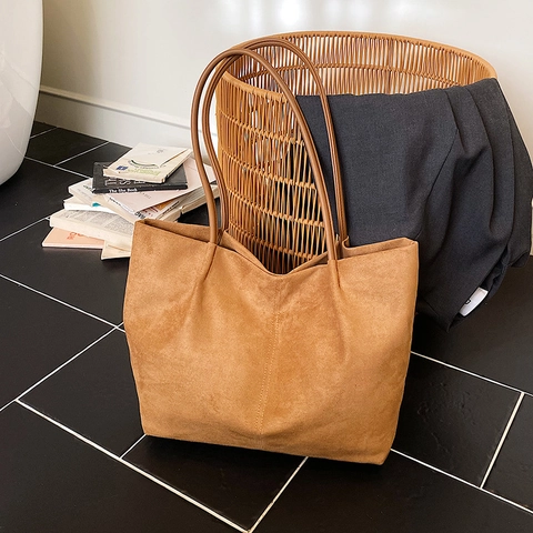Women Large Capacity Suede PU Leather Tote Bag Minimalist Solid Color Shoulder Bag Retro Daily Shopping Commuter Handbag