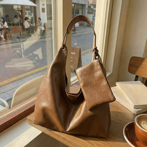 Large Capacity Women Tote Bag And Pouch High Quality PU Leather Hobo Bag Minimalist Solid Color Shoulder Bag For Commute Daily