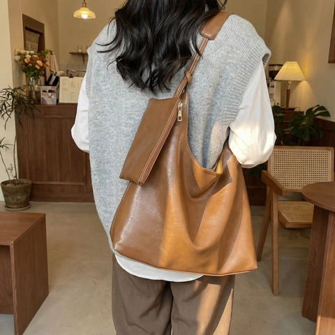 Large Capacity Women Tote Bag And Pouch High Quality PU Leather Hobo Bag Minimalist Solid Color Shoulder Bag For Commute Daily