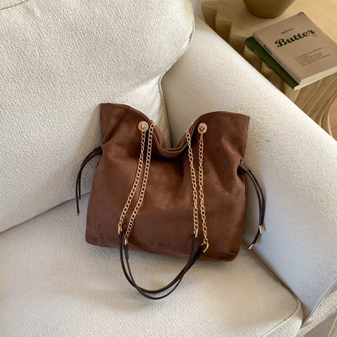 Bolso Tote de Gran Capacidad de Cuero PU con Tacto de Gamuza Vintage para Mujer Bolso de Hombro Casual Retro con Correa de Cadena de Metal Detalle de Cordón Bolso de Trabajo y Viaje