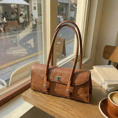 Vintage PU Leder Baguette Tasche Für Damen Minimalistische Unterarm Schultertasche Mit Metall Drehschloss Retro Rechteckige Handtasche