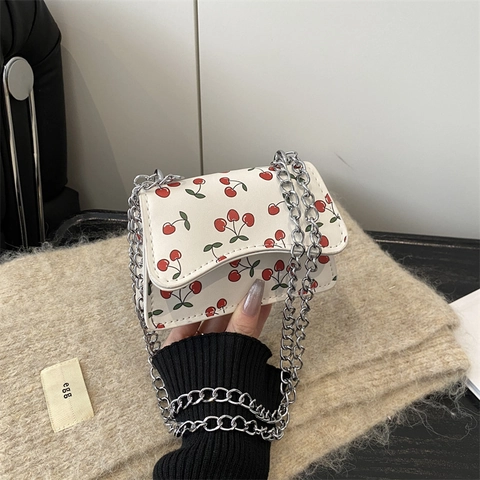 Mode PU Leer Mini Schoudertas Koreaanse Stijl Kers Aardbei Lippen Print Ketting Crossbody Kleine Vierkante Flap Tas voor Vrouwen