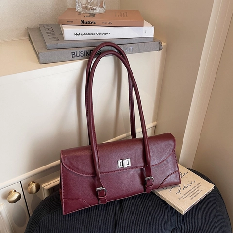 Retro PU Leather Baguette Shoulder Bag For Women Large Capacity Square Underarm Bag With Buckle Solid Color Minimalist Fashion Handbag