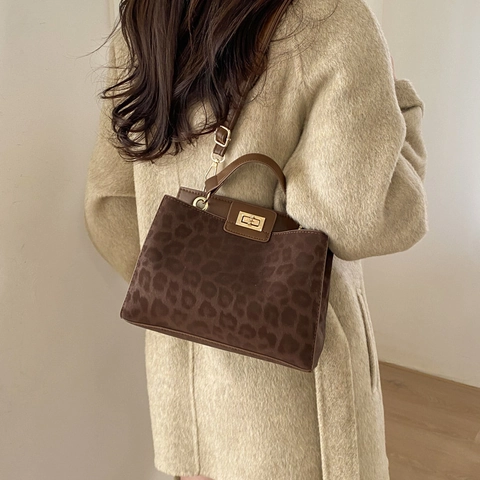 Leopard Print Crossbody Bag Women PU Leather Handbag With Top Handle Vintage Square Satchel Adjustable Strap