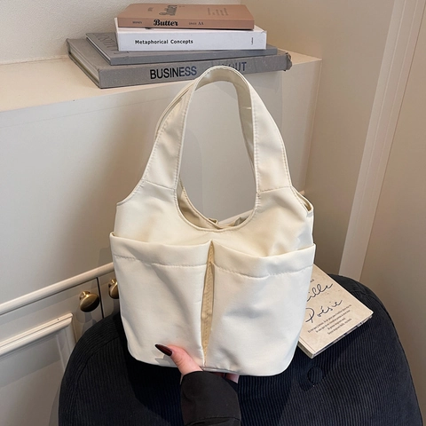 Minimalistische Canvas Schulter Tote Tasche Für Damen Große Kapazität Handtasche Mit Doppelten Fronttaschen Urban Casual Tasche