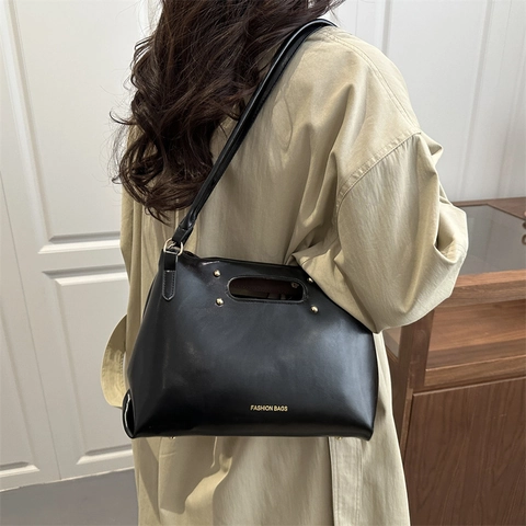 Women Fashion PU Leather Shoulder Bag With Rivets Hollow Handle Minimalist Solid Color Tote Handbag For Daily Office Work