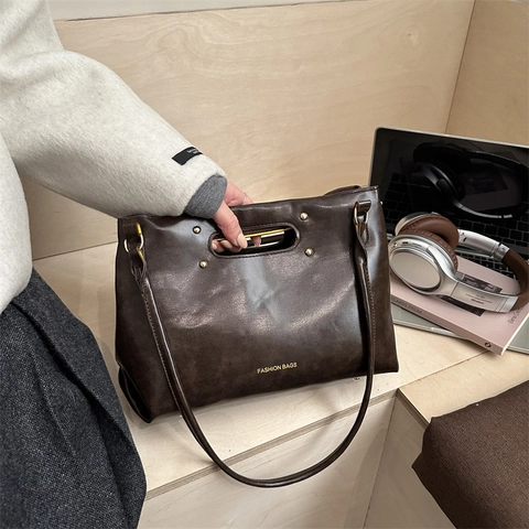 Women Fashion PU Leather Shoulder Bag With Rivets Hollow Handle Minimalist Solid Color Tote Handbag For Daily Office Work