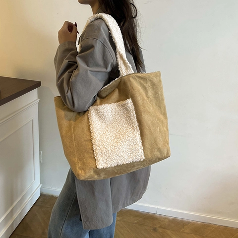Grote Capaciteit Tote Bag Faux Suede Sherpa Fleece Patchwork Warme Winter Schoudertas Voor Dames Casual