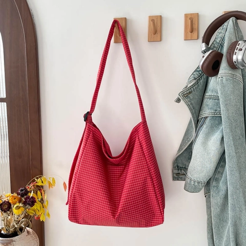 Borsa Tote da Donna in Tela a Quadretti Gingham Grande Capacità Borsa a Tracolla Casual per Uso Quotidiano con Tracolla Regolabile
