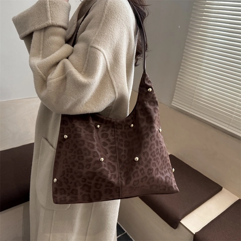 Damen Hobo Tasche Mit Großer Kapazität Leopardenmuster Wildlederimitat Gold Nieten Stilvolle Schulter Tote Bag Für Täglich Mode Reisen