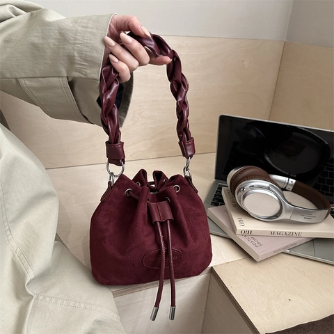 Vintage Women Suede Faux Leather Drawstring Bucket Bag Woven Handle Crossbody Shoulder Handbag For Daily Casual Work Travel