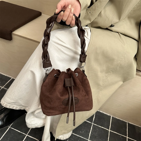 Vintage Women Suede Faux Leather Drawstring Bucket Bag Woven Handle Crossbody Shoulder Handbag For Daily Casual Work Travel