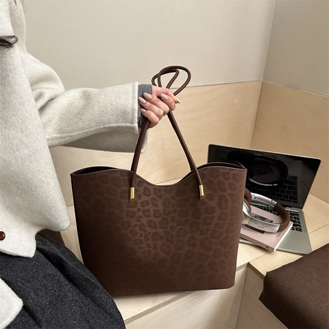 Bolso Tote Con Estampado de Leopardo para Mujer Gran Capacidad Textura de Ante Con Herrajes Dorados Bolso de Hombro Moda