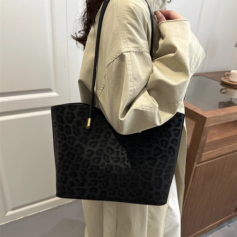Bolso Tote Con Estampado de Leopardo para Mujer Gran Capacidad Textura de Ante Con Herrajes Dorados Bolso de Hombro Moda