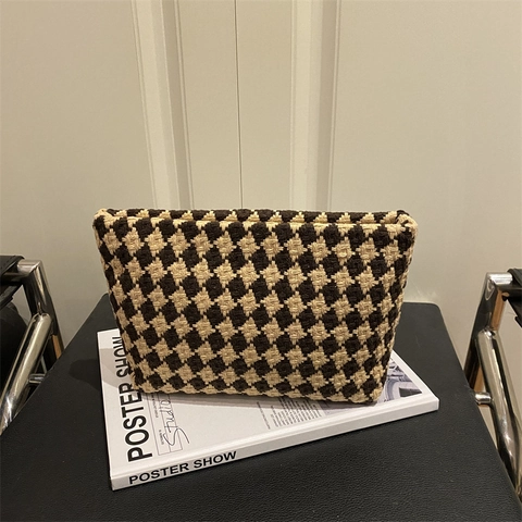 Große Kapazität Kariert Hahnentritt Gewebte Kosmetiktasche Retro Tragbare Nischendesign Strick Clutch Tasche Damen Reiseaufbewahrung