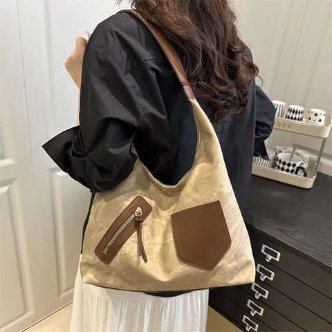 Bolso de Hombro Vintage para Mujer Gran Capacidad Cuero PU Tela Lavada Color de Contraste Informal Conmutar Hobo Bolso