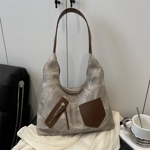 Bolso Tote de Lona Retro Bolso de Hombro Bloque de Color Detalles de Cuero para Mujer Oficina Viaje Diario Gran Capacidad Hobo