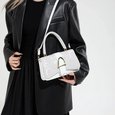Fashion Women Small Square Bag PU Leather Monogram Print Crossbody Shoulder Bag Gold Metal D Buckle Handbag Casual Commuter