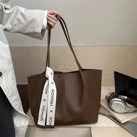 Fashion Women Large Capacity PU Leather Tote Bag With Matching Pouch Letter Ribbon Decorative Minimalist Shoulder Handbag