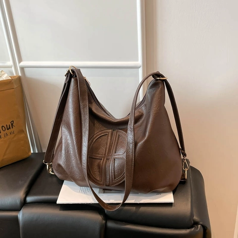 Large Capacity Vintage PU Leather Hobo Shoulder Bag For Women Urban Minimalist Solid Color Embossed Tote Bag Casual Commuter Handbag